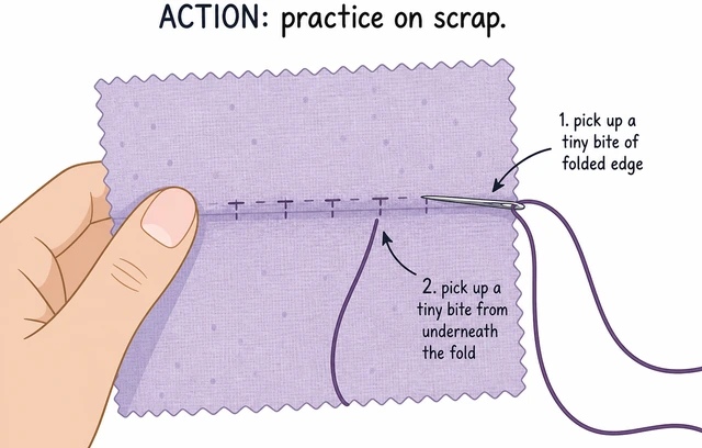 Illustration: practicing tiny blind stitch bites on scrap fabric