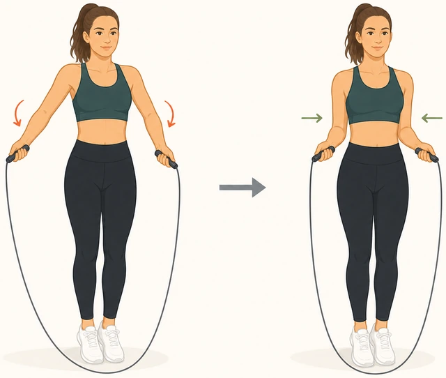 Illustration: correcting flared elbows inward near ribs while holding rope