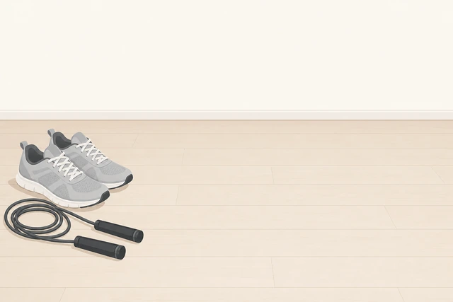 Illustration: jump rope, supportive shoes, and clear indoor or outdoor space ready