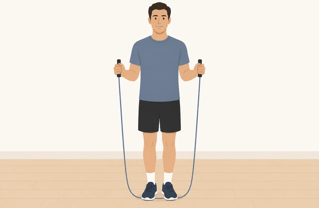 Illustration: person standing on jump rope center with handles reaching armpit height