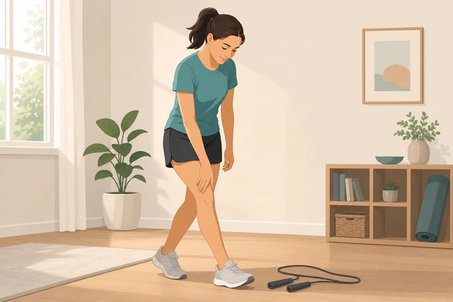 Illustration: person walking after jump rope, checking lower legs feel okay