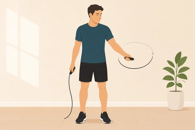 Illustration: person turning one jump rope handle in circles beside the body