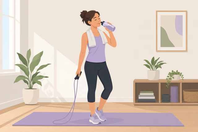 Illustration: beginner finishing a short jump-rope round then resting