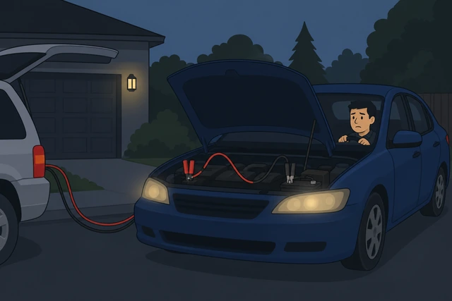 Illustration: dim headlights and slow crank on car after jump-start attempt