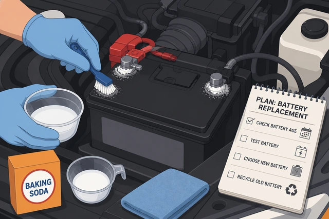 Illustration: cleaning battery terminals with baking soda solution and planning battery replacement