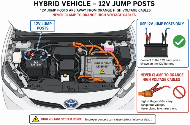 Illustration: owner's manual diagram showing 12V jump posts away from orange high-voltage cables