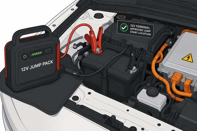 Illustration: portable jump pack connected to approved 12V terminal on hybrid car away from orange cables