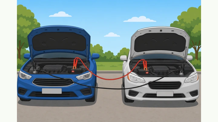 Illustration: jumper cables connecting donor car to dead car with red positive clamps and black ground on engine metal