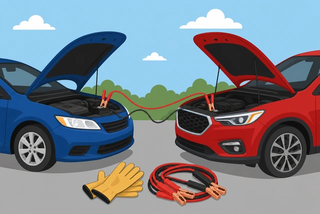 Illustration: jumper cables, safety gloves, and two cars parked on flat ground with hoods ready to open