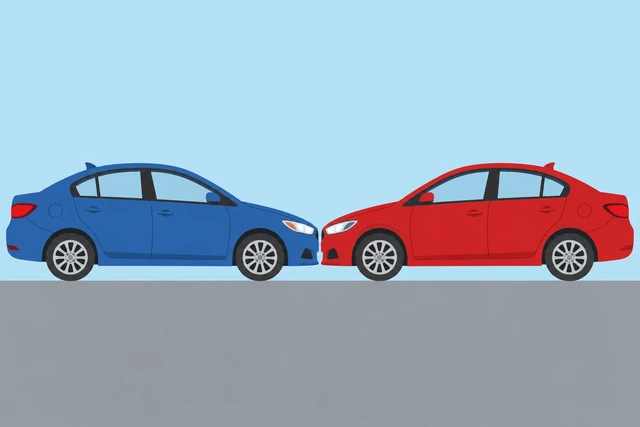 Illustration: two cars parked nose-to-nose on flat ground with parking brakes set
