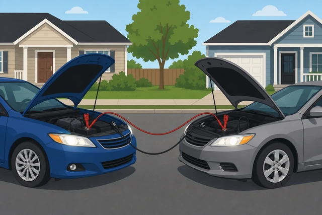 Illustration: both cars idling with jumper cables still connected headlights normal brightness