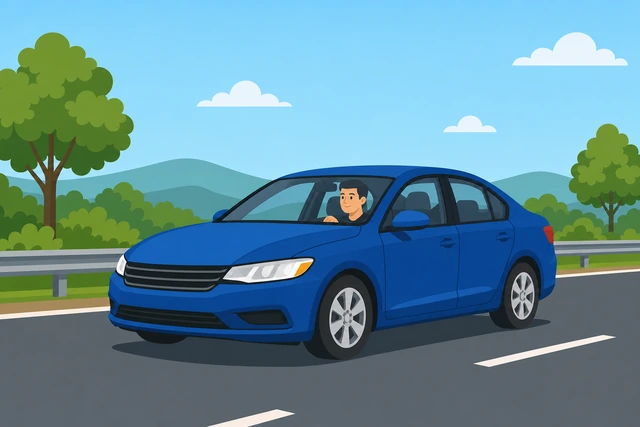 Illustration: revived car driving on road after successful jump-start hoods closed