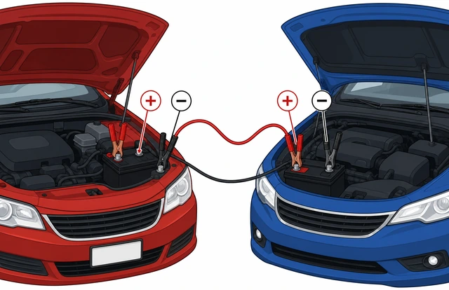 Illustration: open hoods showing battery posts labeled positive and negative on two cars
