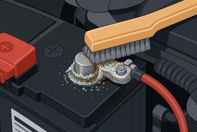 Illustration: wire brush cleaning white corrosion from a car battery terminal
