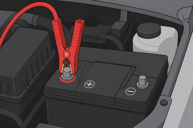 Illustration: red positive jumper clamp attached to dead car battery positive post only