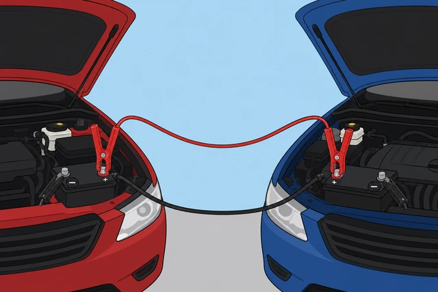 Illustration: both red positive clamps connected to donor and dead battery positive posts