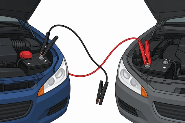 Illustration: black negative clamp on donor battery with one free clamp still unconnected