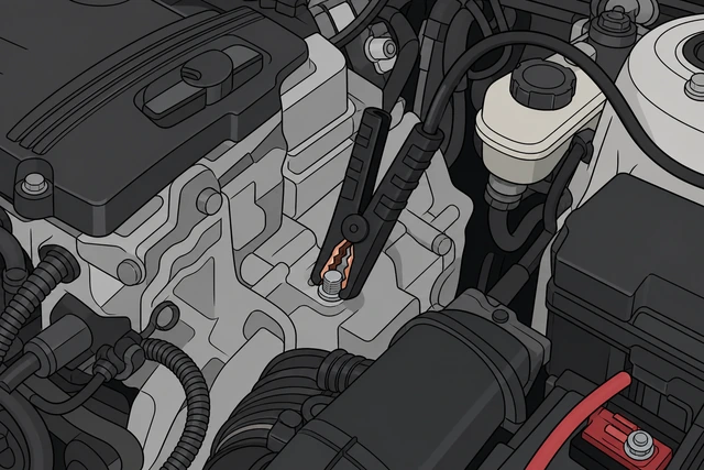 Illustration: final black jumper clamp on unpainted engine bolt on dead car not on battery negative