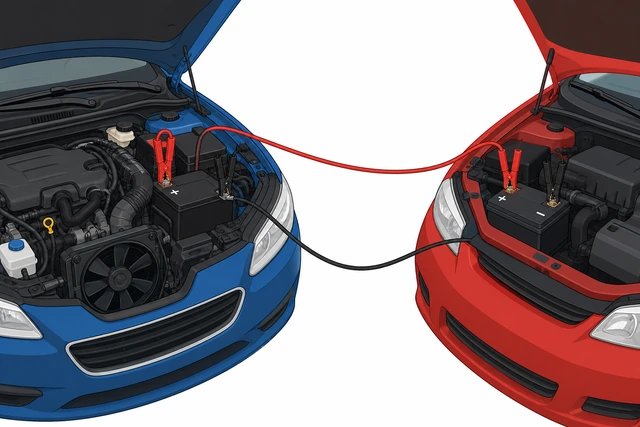 Illustration: donor car engine running while jumper cables connect to dead car