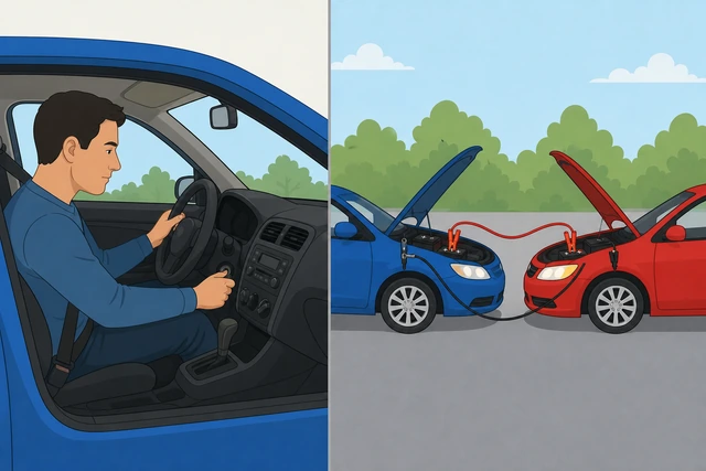 Illustration: driver turning key to start dead car while donor car idles with cables connected