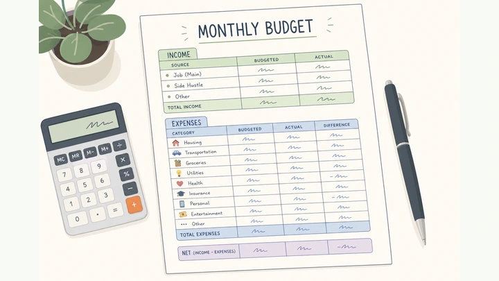 Illustration: simple monthly budget worksheet with income and categories
