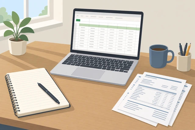 Illustration: notebook spreadsheet and bank statements ready for budgeting