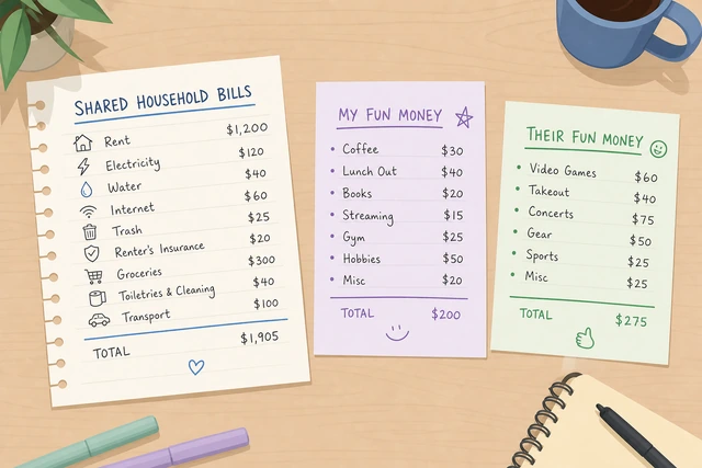 Illustration: shared household bills listed separately from personal fun money