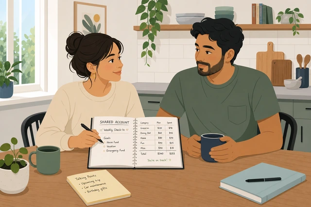Illustration: short weekly household money sync at a kitchen table