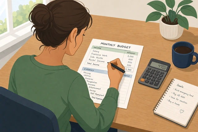 Illustration: writing take-home income sources on a budget worksheet