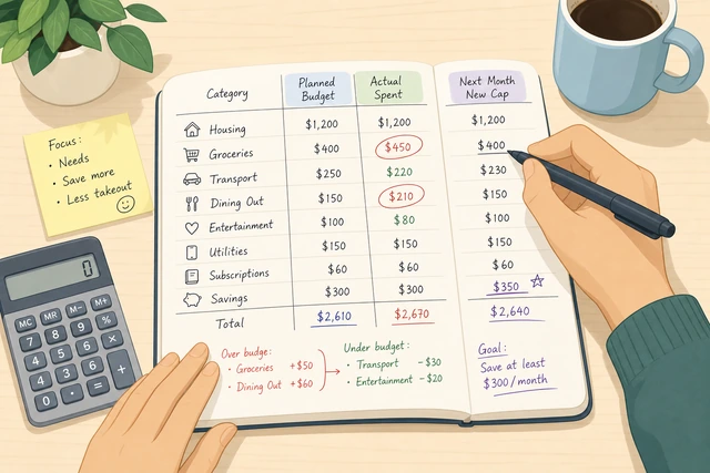 Illustration: comparing planned vs actual budget and adjusting next month