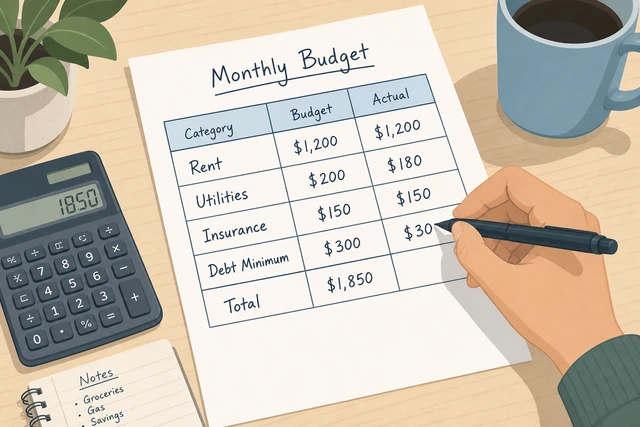 Illustration: listing rent utilities insurance and debt minimums on a budget