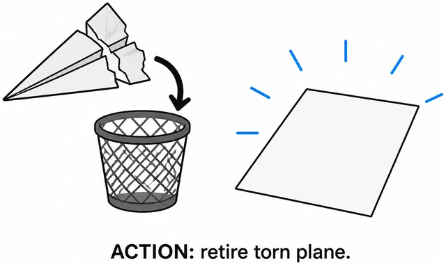 Illustration: torn paper airplane wing set aside for a new sheet