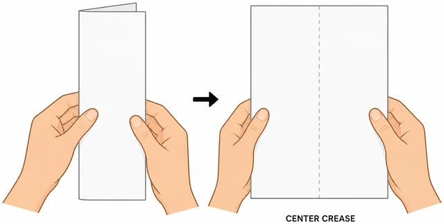 Illustration: folding letter paper in half lengthwise then unfolding to show center crease