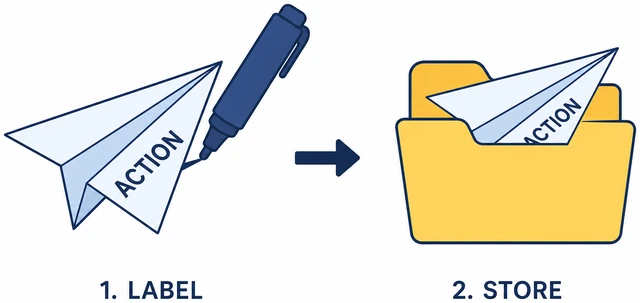 Illustration: labeling paper airplane wing and storing it flat