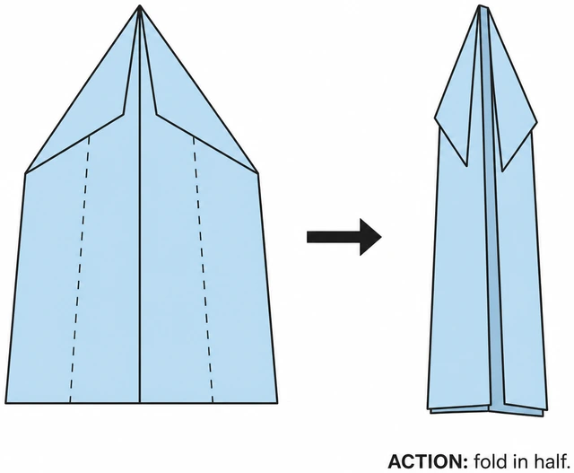 Illustration: folding paper airplane in half along center with folded nose on the outside