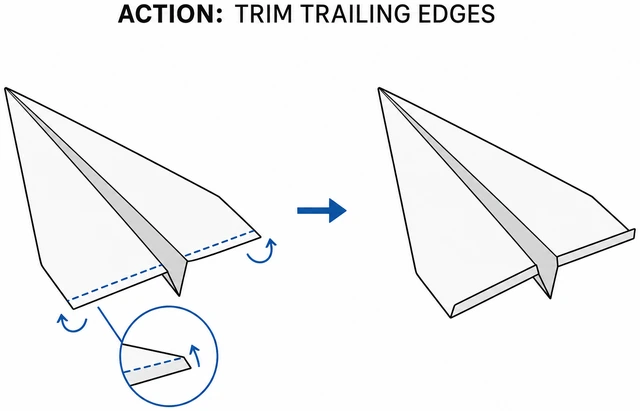 Illustration: making tiny trailing-edge trim bends on paper airplane wings