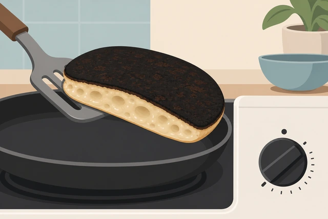 Illustration: stove dial turned from high toward medium-low and a paper towel wiping scorched bits from a skillet