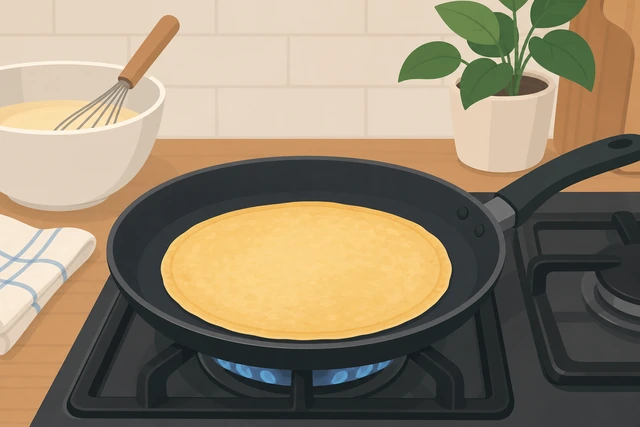 Illustration: a thinner pancake batter puddle cooking slowly on medium-low heat with bubbles forming