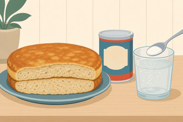 Illustration: a spoonful of baking powder fizzing in a cup of hot water as a freshness test