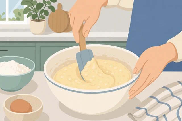 Illustration: thick lumpy batter in a bowl beside a pancake cooking without being pressed by a spatula