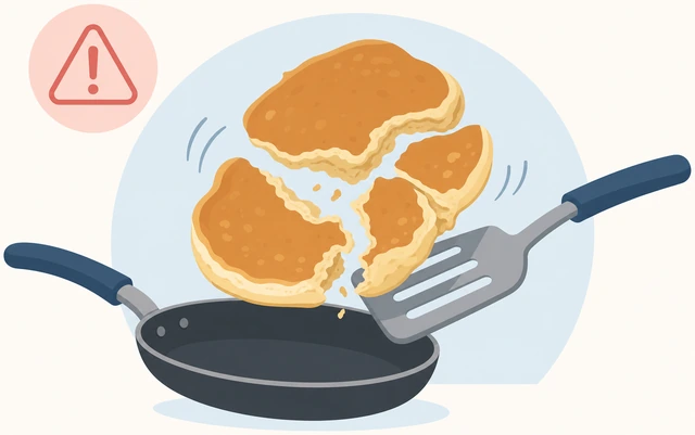 Illustration: a pancake with many open bubbles and firm matte edges, spatula waiting beside it