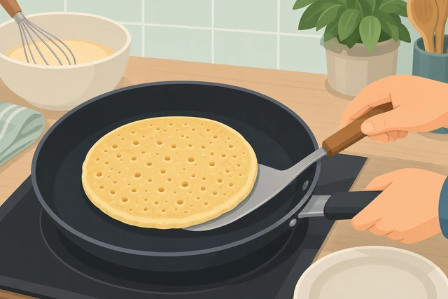 Illustration: a thin clean spatula sliding all the way under a pancake with a light film of grease in the pan