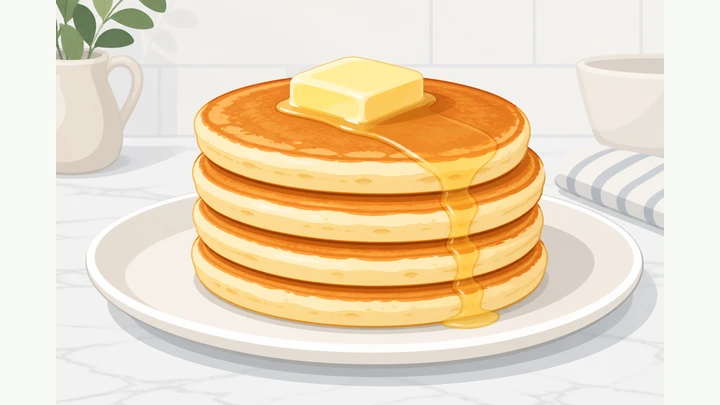 Illustration: a stack of golden American pancakes on a plate with butter melting on top