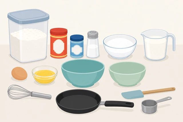 Illustration: checklist with flour, baking powder, milk, egg, melted butter, bowls, whisk, skillet, and spatula on the counter
