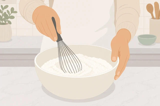 Illustration: a whisk blending flour, baking powder, salt, and sugar in a mixing bowl