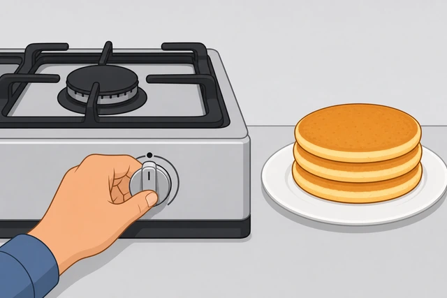 Illustration: a hand turning a stove knob to off beside a plated stack of pancakes with butter and syrup