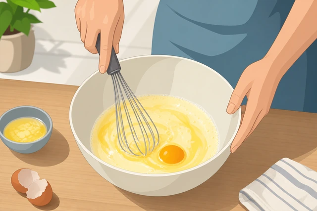 Illustration: milk, egg, and melted butter being whisked together in a second mixing bowl