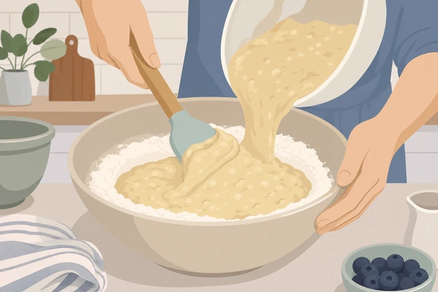 Illustration: wet mixture poured into dry ingredients and gently folded with a spatula, small lumps still visible