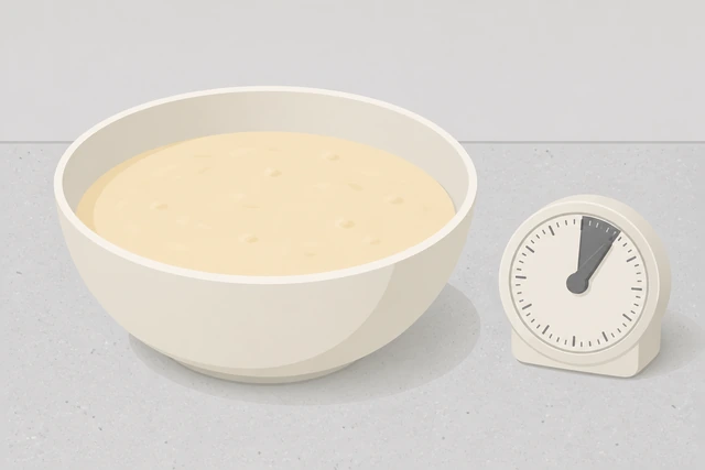 Illustration: a bowl of pancake batter resting on the counter with small bubbles forming on the surface
