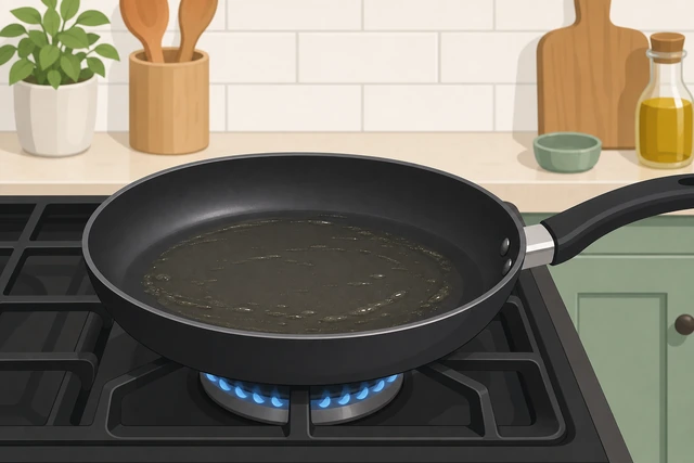 Illustration: a nonstick skillet on medium heat with a water droplet dancing or fat shimmering, no smoke